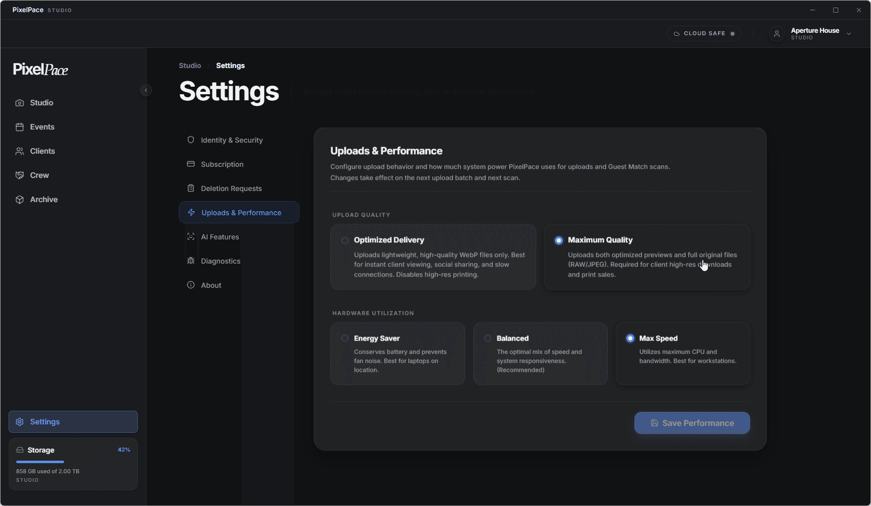 PixelPace upload settings showing the Maximum Quality option, which uploads full original RAW and JPEG files alongside optimized previews for high-resolution downloads and print sales
