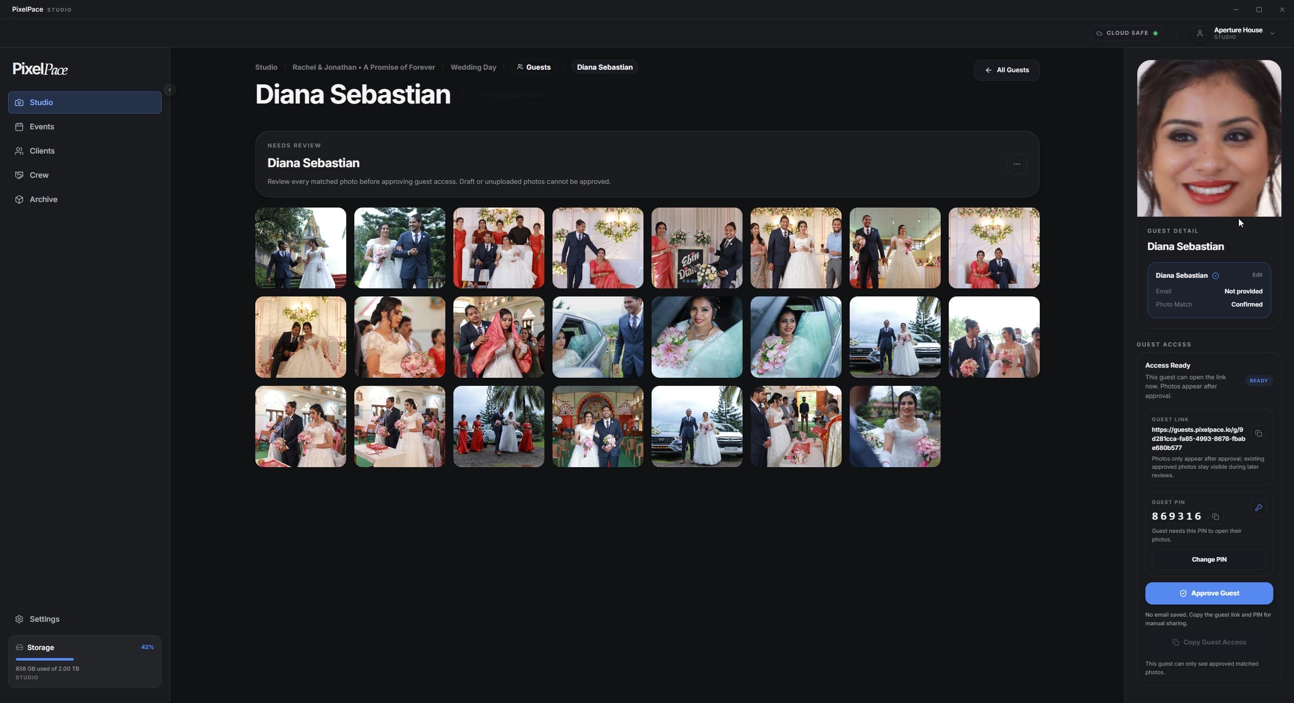 A PixelPace guest gallery for one wedding guest, showing only the photos she was matched in, alongside her private gallery link and PIN