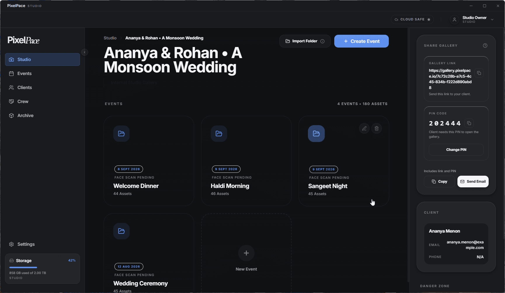 PixelPace Studio showing a wedding gallery split into four events — Welcome Dinner, Haldi Morning, Sangeet Night, and Wedding Ceremony — under one client record