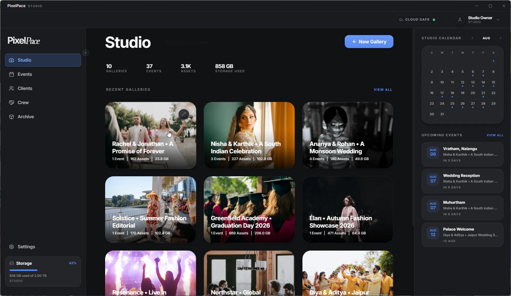 PixelPace Studio home screen showing ten active galleries — weddings, a fashion editorial, a graduation, and a concert — with total events, assets, and storage used across the studio