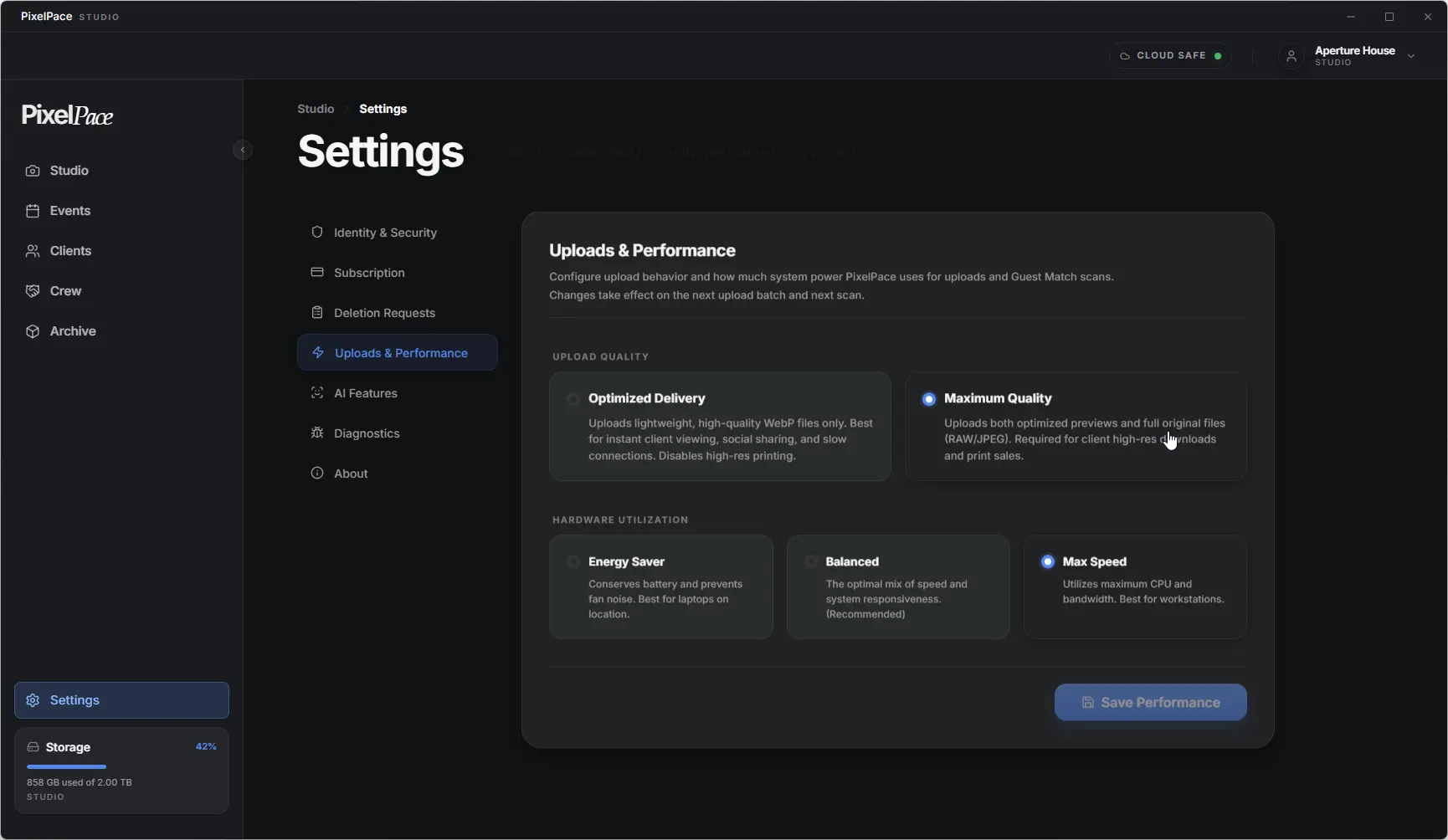 PixelPace upload settings showing the Maximum Quality option, which uploads full original files alongside optimized previews for high-resolution downloads and print sales