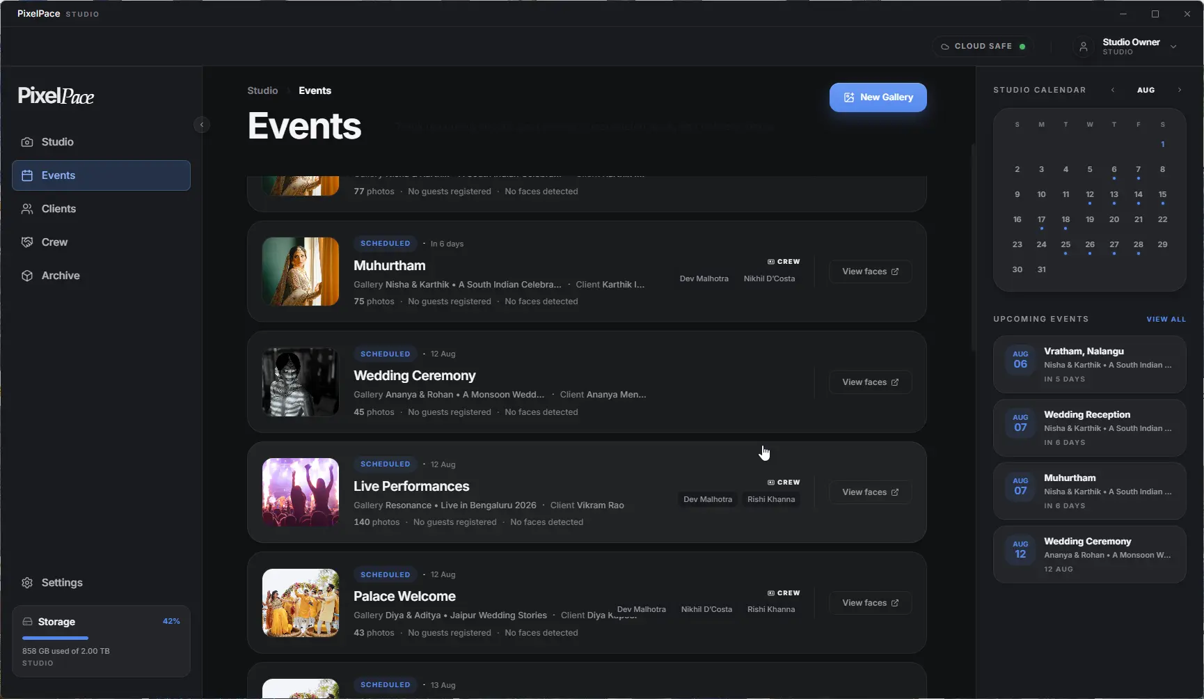 PixelPace Events list showing multiple scheduled shoots with assigned crew members and client names for each event