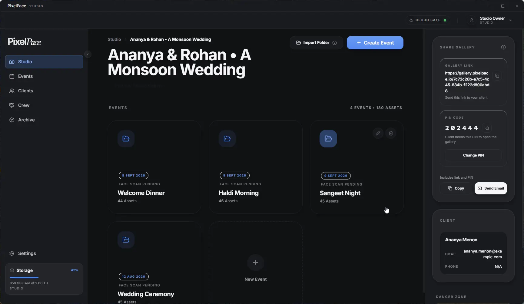 A wedding gallery in the PixelPace desktop app split into four events: Welcome Dinner, Haldi Morning, Sangeet Night and Wedding Ceremony